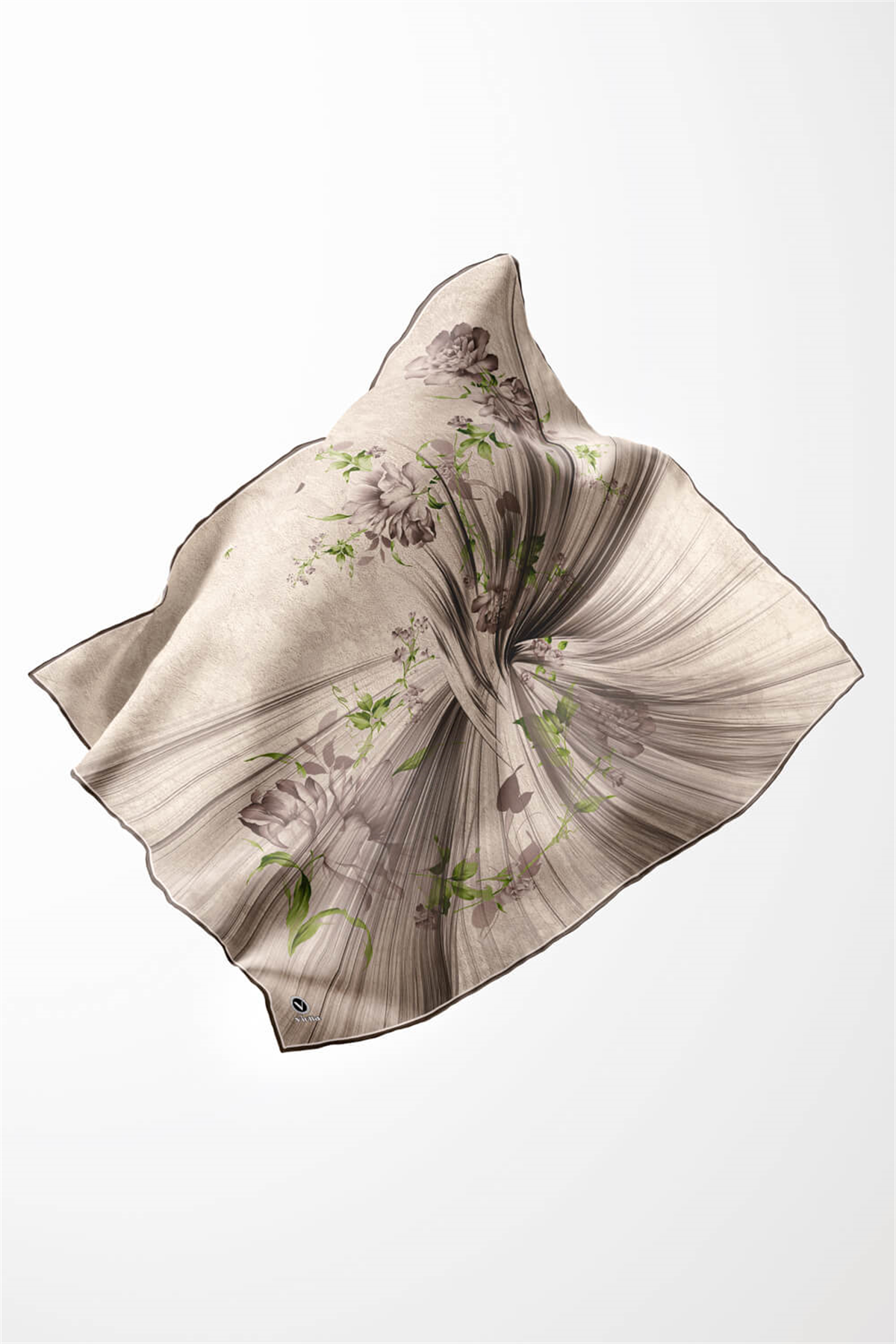 Twill Çiçekli Desenli Taş Renkli 90x90 Eşarp (İpek İçermez) Kenar Dikiş Şekli El Dikişli