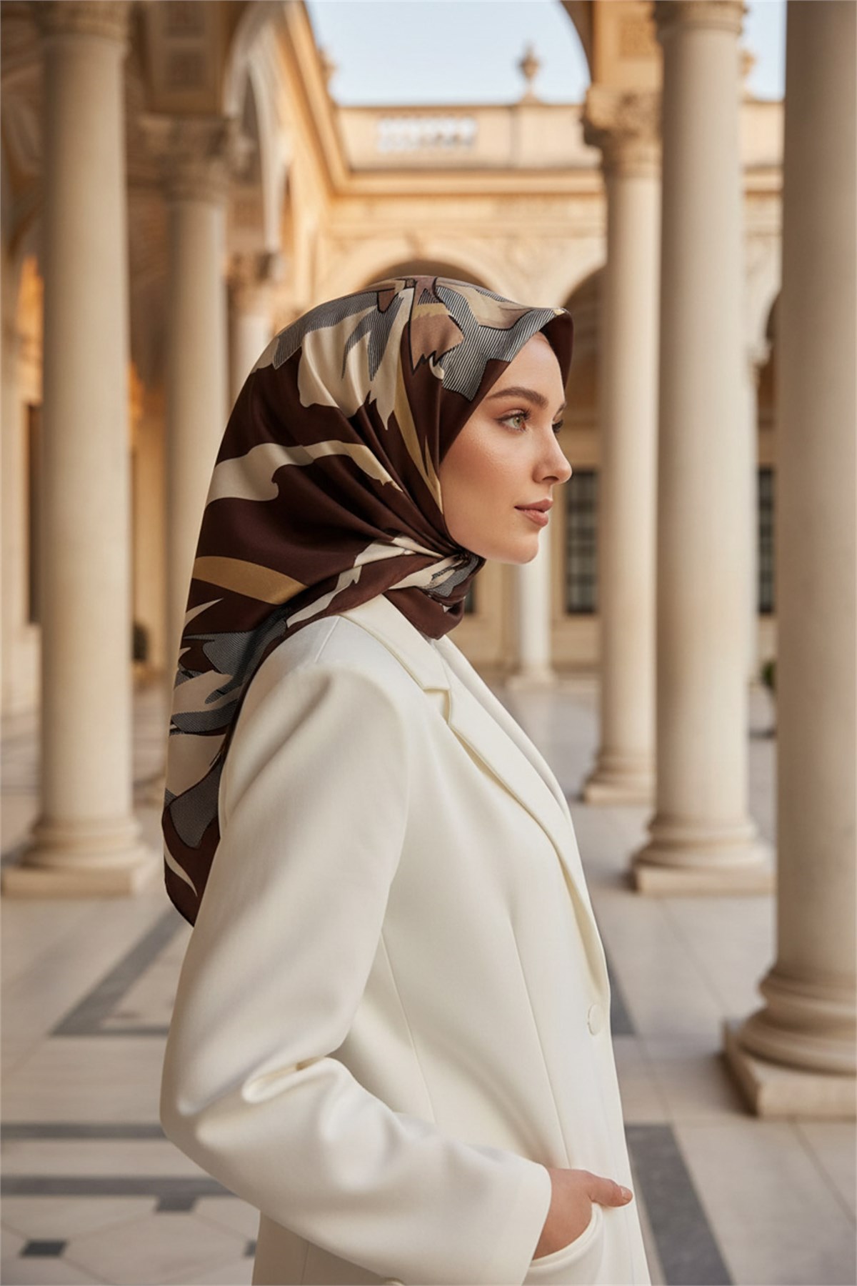 %100 Twill İpek Çiçek Desenli Kahverengi Renkli 90x90 Eşarp Dikim Şekli : El Dikişi
