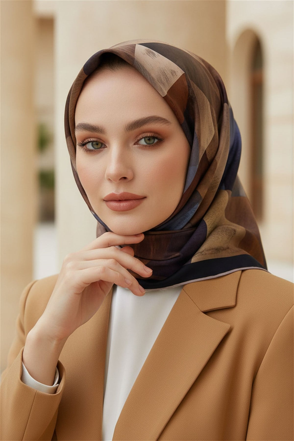 % 57 İPEK % 43 VİSKON Twill İpek Geometrik Desenli Kiremit - İndigo Renkli 90x90 Eşarp Dikim Şekli : El Dikişi