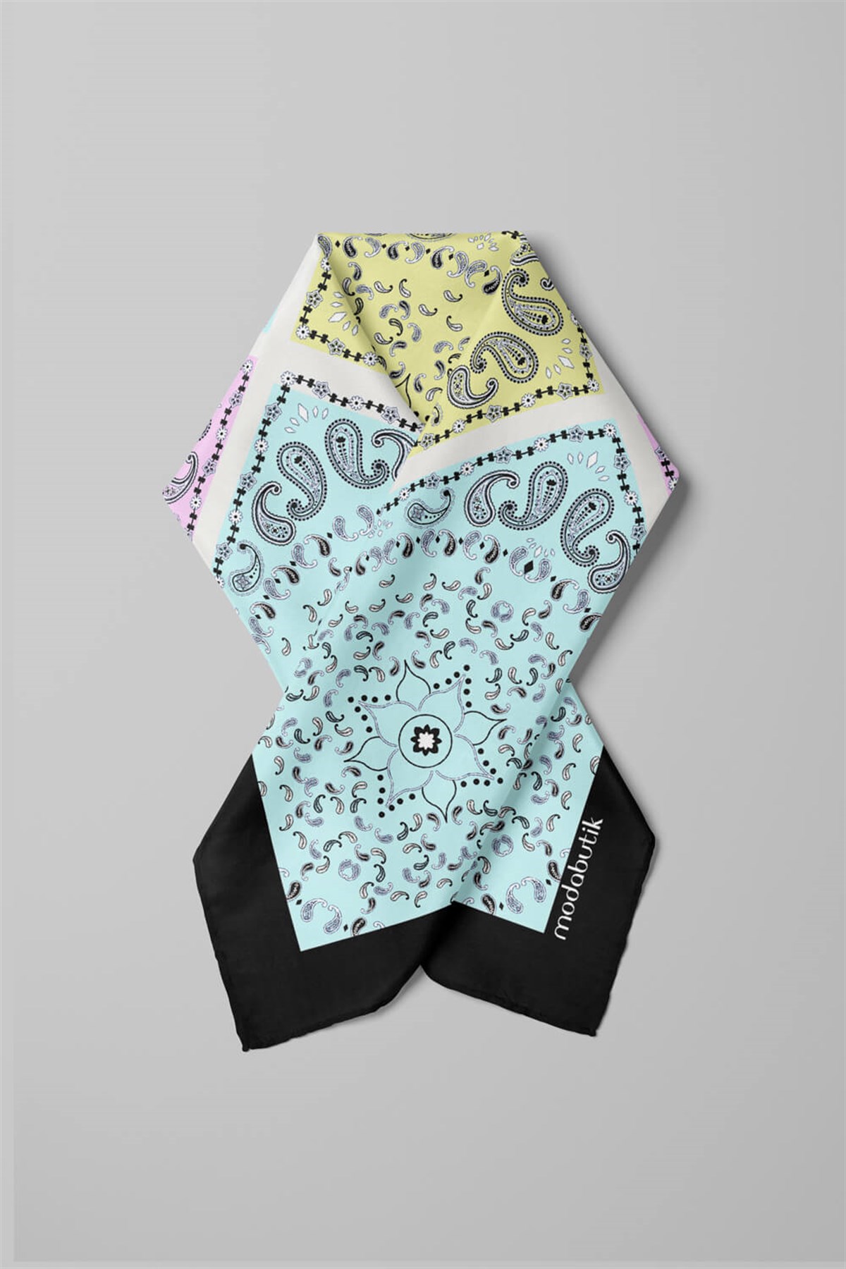 Violla Y33 Kadın Sarı Turkuaz Kareli Desenli 50x50 Bandana HYL DG01226-22