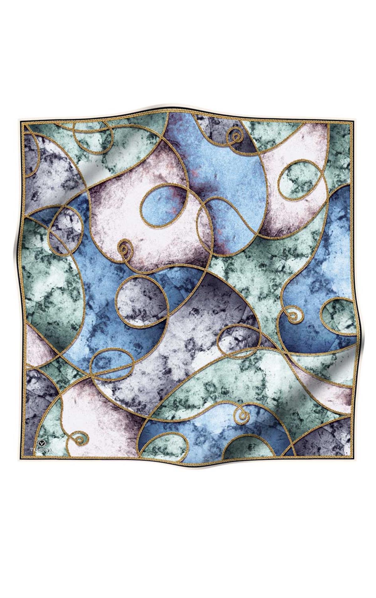 %100 Twill İpek Zincirli Mermer Desenli İndigo - Mint Yeşili Renkli 90x90 Eşarp Dikim Şekli : El Dikişi