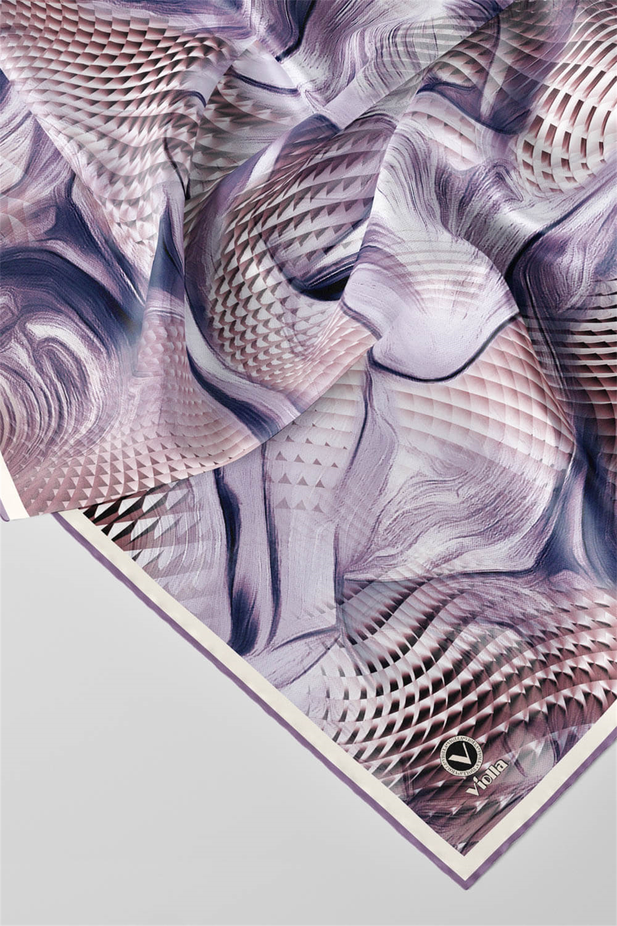 Twill Geometrik Ve Dalga Desenli Mor Renkli 90x90 Eşarp (İpek İçermez) Dikim Şekli : El Dikişi