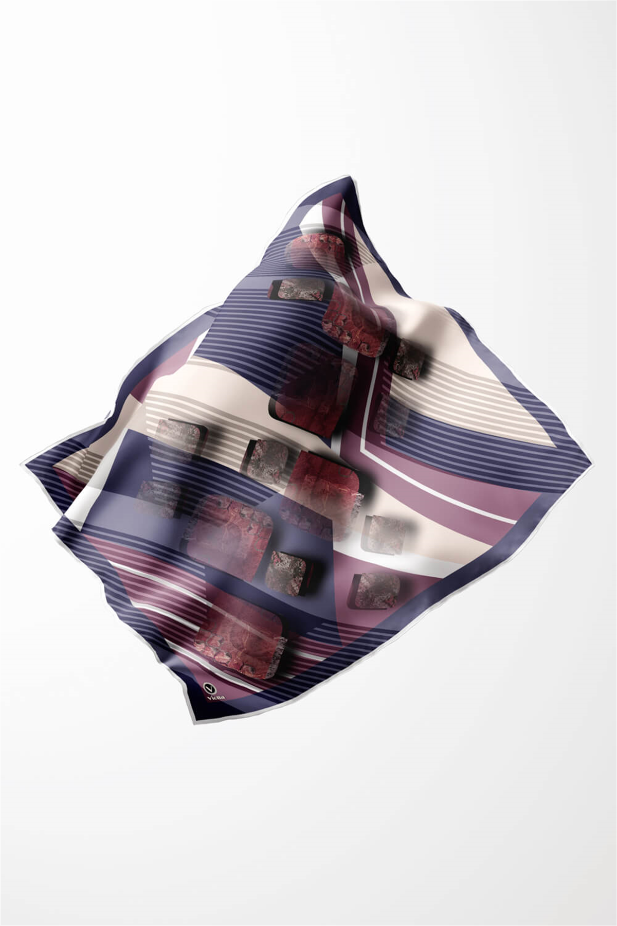 Twill Çizgili ve Geometrik Desenli Mor Renkli 90x90 Eşarp (İpek İçermez) Kenar Dikiş Şekli El Dikişli