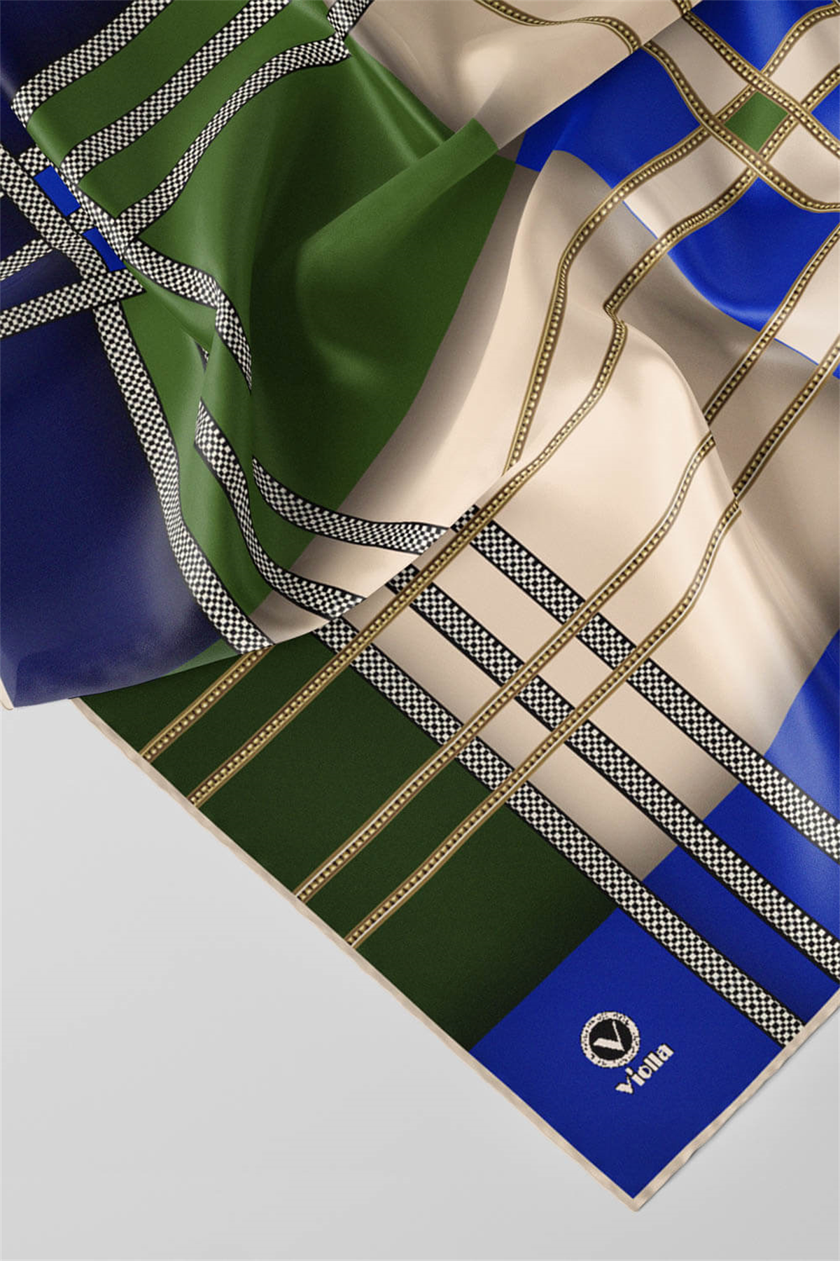 Twill Geometrik Desenli Zümrüt Yeşili - Saks Renkli 90x90 Eşarp (İpek İçermez) Kenar Dikiş Şekli El Dikişli