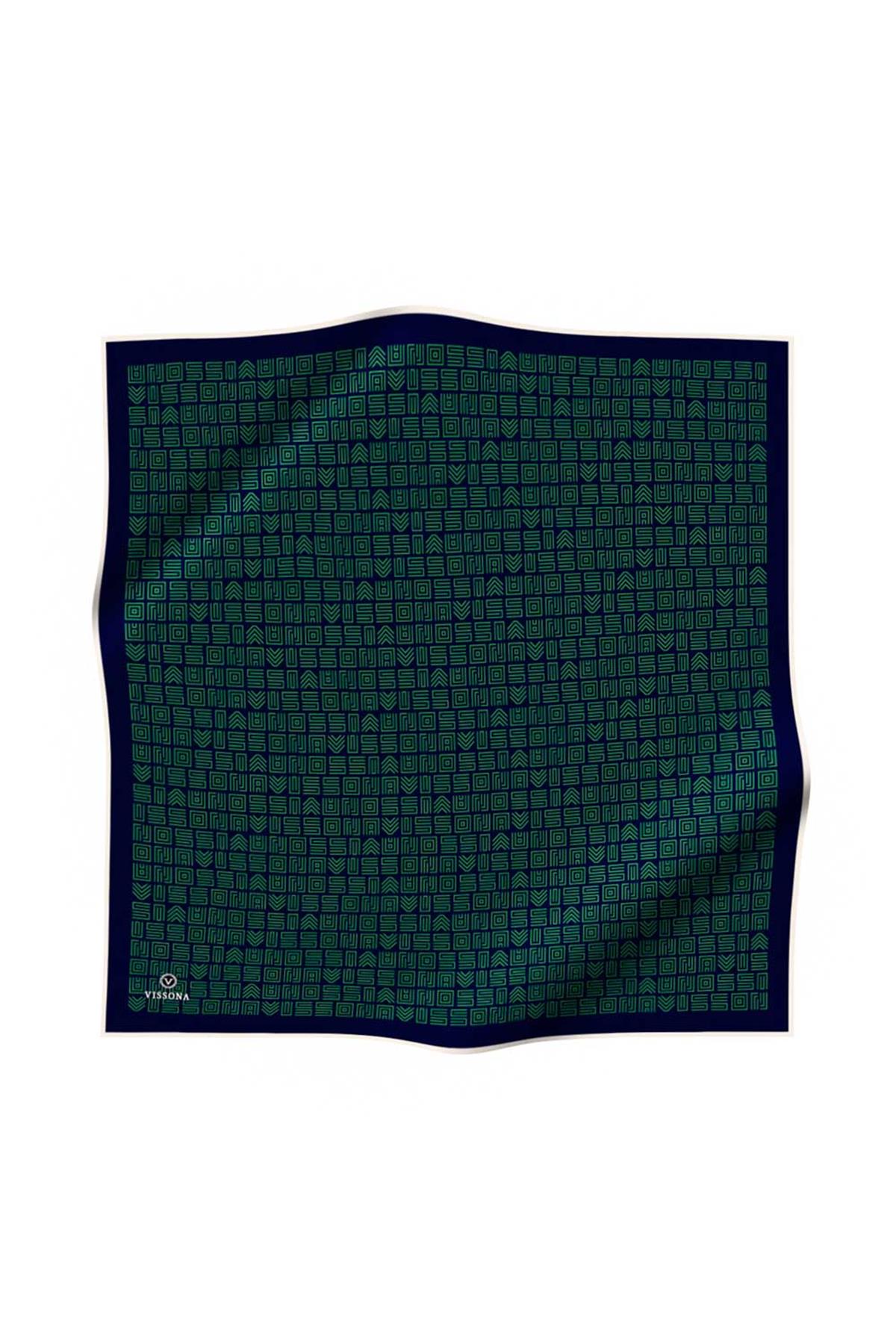 100% Twill İpek Etnik Motif Desenli Zümrüt Yeşili - Lacivert Renkli 90x90 Dikim Şekli : El Dikişi Eşarp