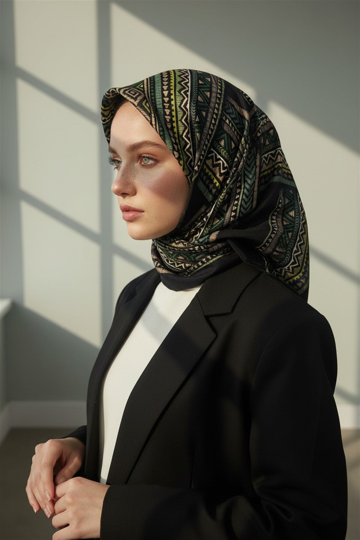 %100 Twill İpek Etnik Desenli Siyah - Zümrüt Yeşili Renkli 90x90 Eşarp Dikim Şekli : El Dikişi