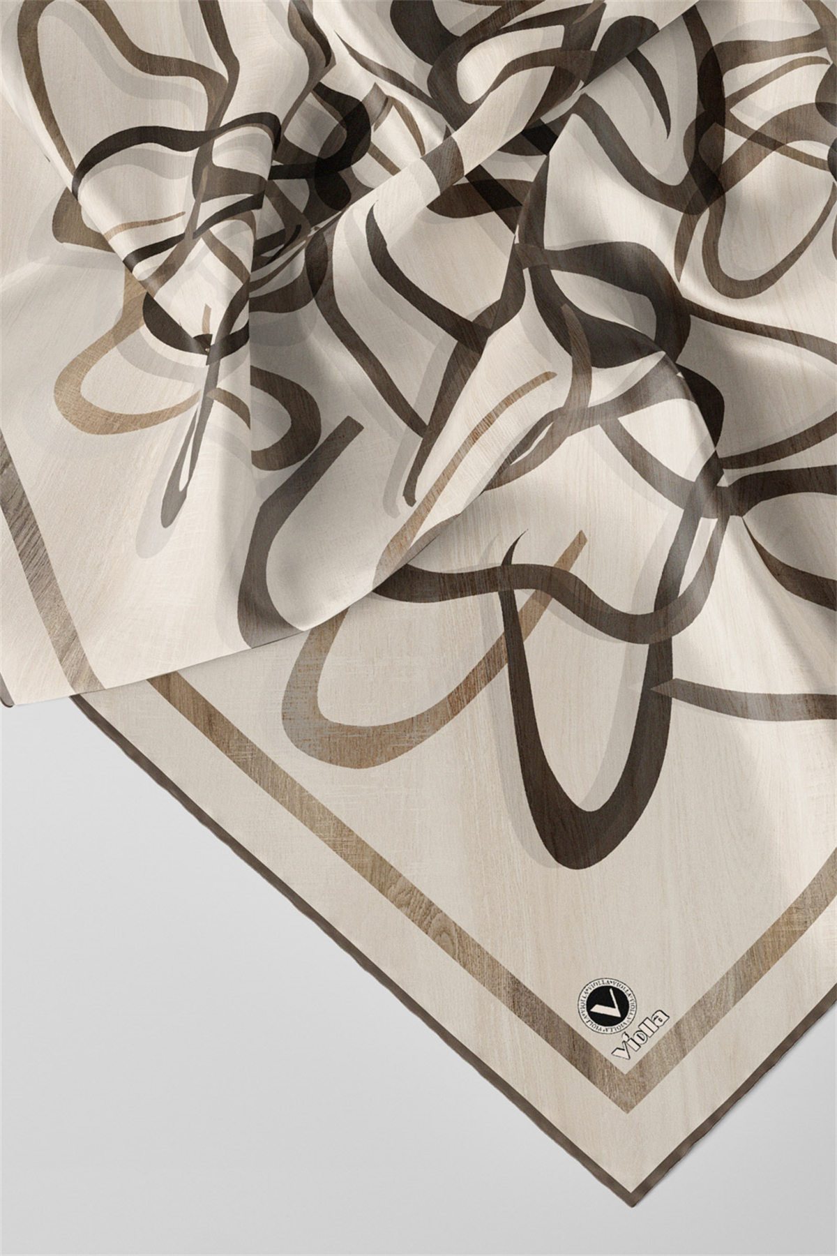 Twill Çizgili Geometrik Desenli Bej Renkli 90x90 Eşarp (İpek İçermez) Kenar Dikiş Şekli El Dikişli