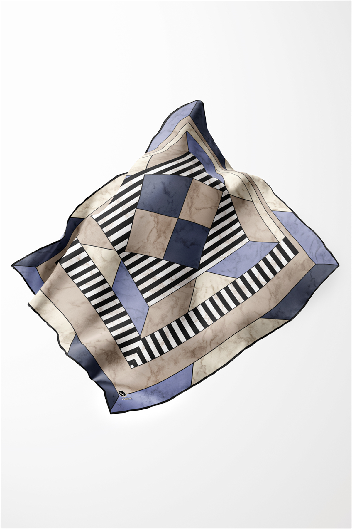 Twill Çizgili Geometrik Mermer Desenli İndigo Renkli 90x90 Eşarp (İpek İçermez) Kenar Dikiş Şekli El Dikişli