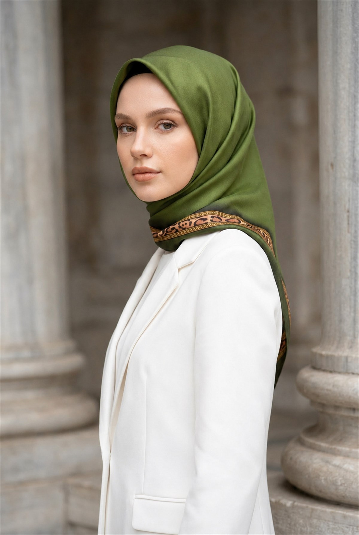 %100 Twill İpek Bordürü Leoparlı Düz Desenli Haki - Gold Renkli 90x90 Eşarp Dikim Şekli : El Dikişi