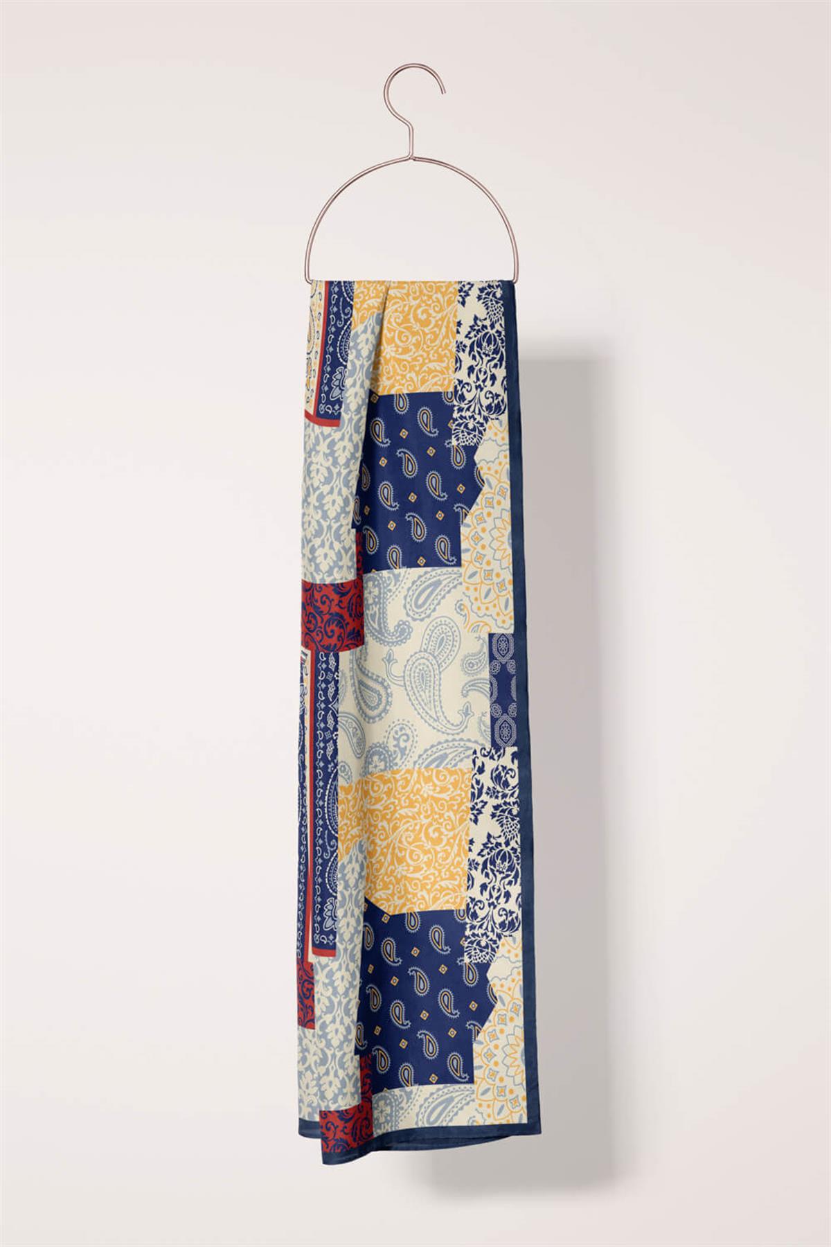 I71 Modabutik Şal Desenli Mavi Kırmızı Fular