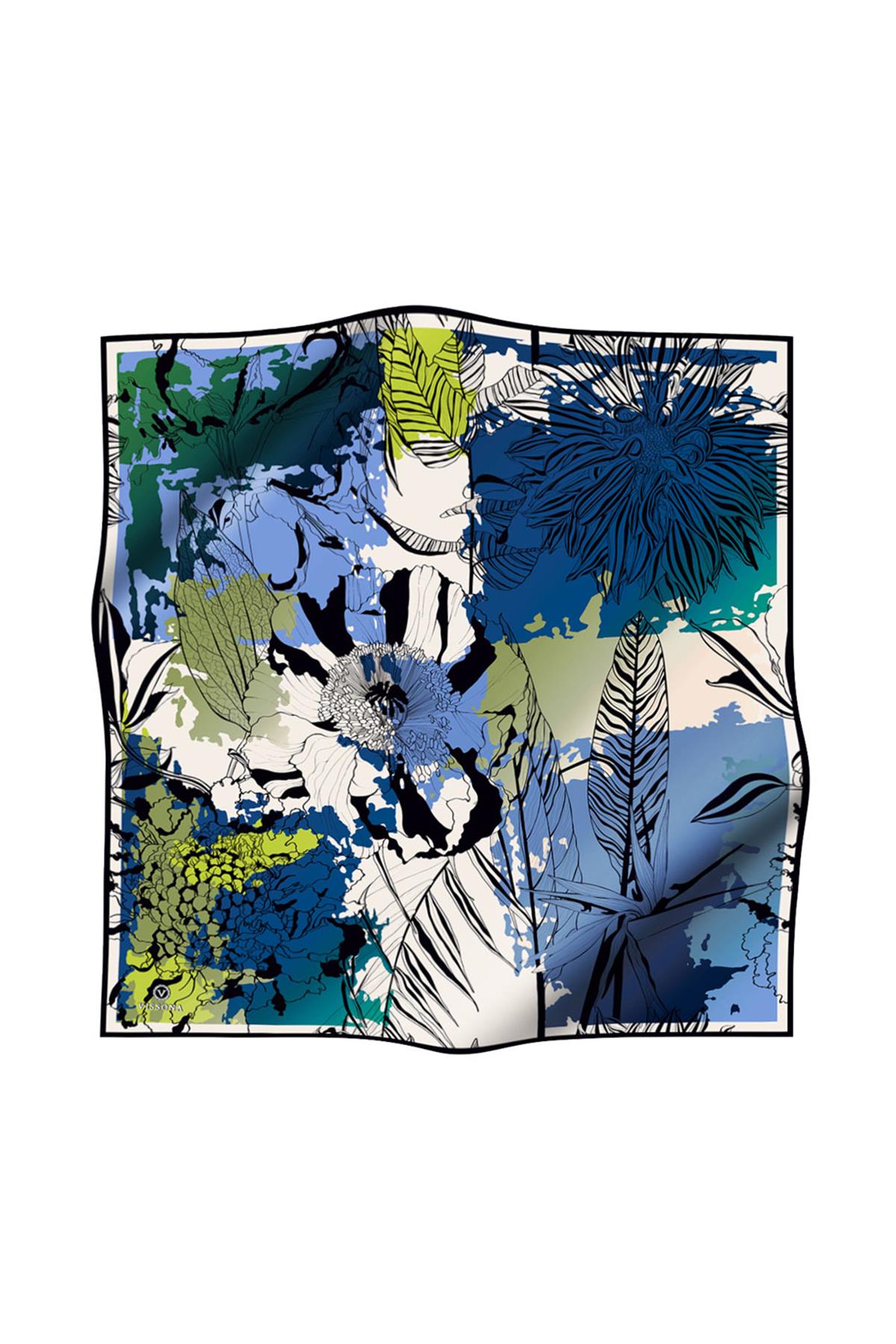 %100 Twill İpek Yaprak Desenli Lacivert - Haki Renkli 90x90 Eşarp Dikim Şekli : El Dikişi