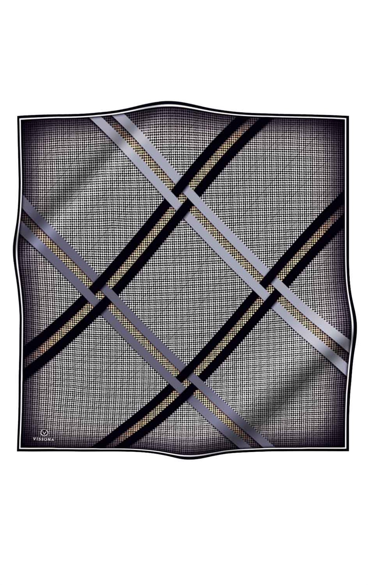 %100 Twill İpek Kazayağı Desenli Gri - Siyah Renkli 90x90 Eşarp Dikim Şekli : El Dikişi