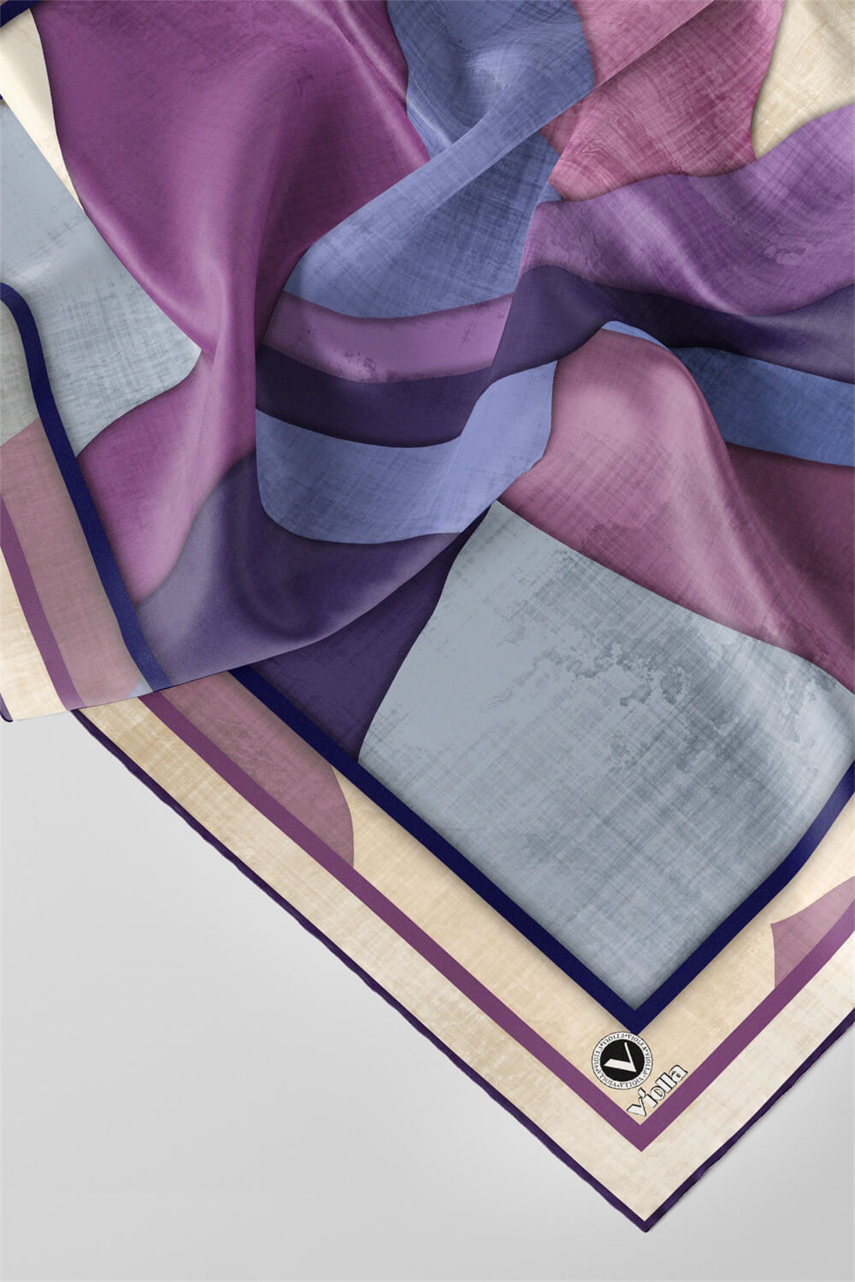 Twill Geometrik Desenli Mor Renkli 90x90 Eşarp (İpek İçermez) Kenar Dikiş Şekli El Dikişli