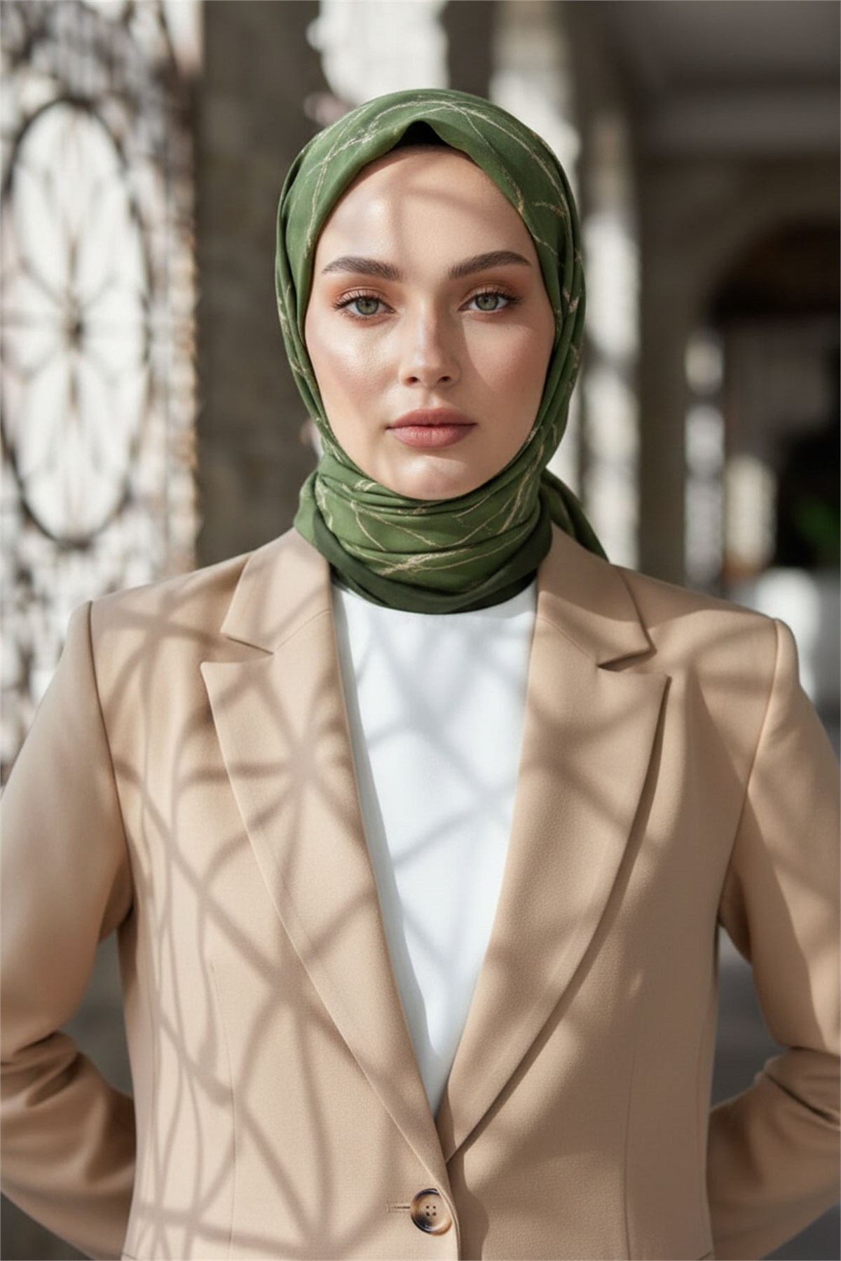 KREP MERMER DESENLİ HAKİ YEŞİLİ RENKLİ 75X195 KIRIŞMAZ ŞAL