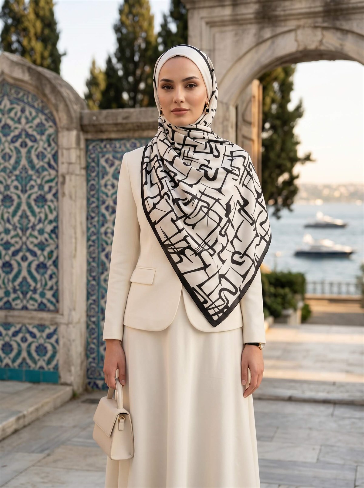 100% İPEK ÇİZGİLİ DESENLİ KREM RENKLİ ŞAL