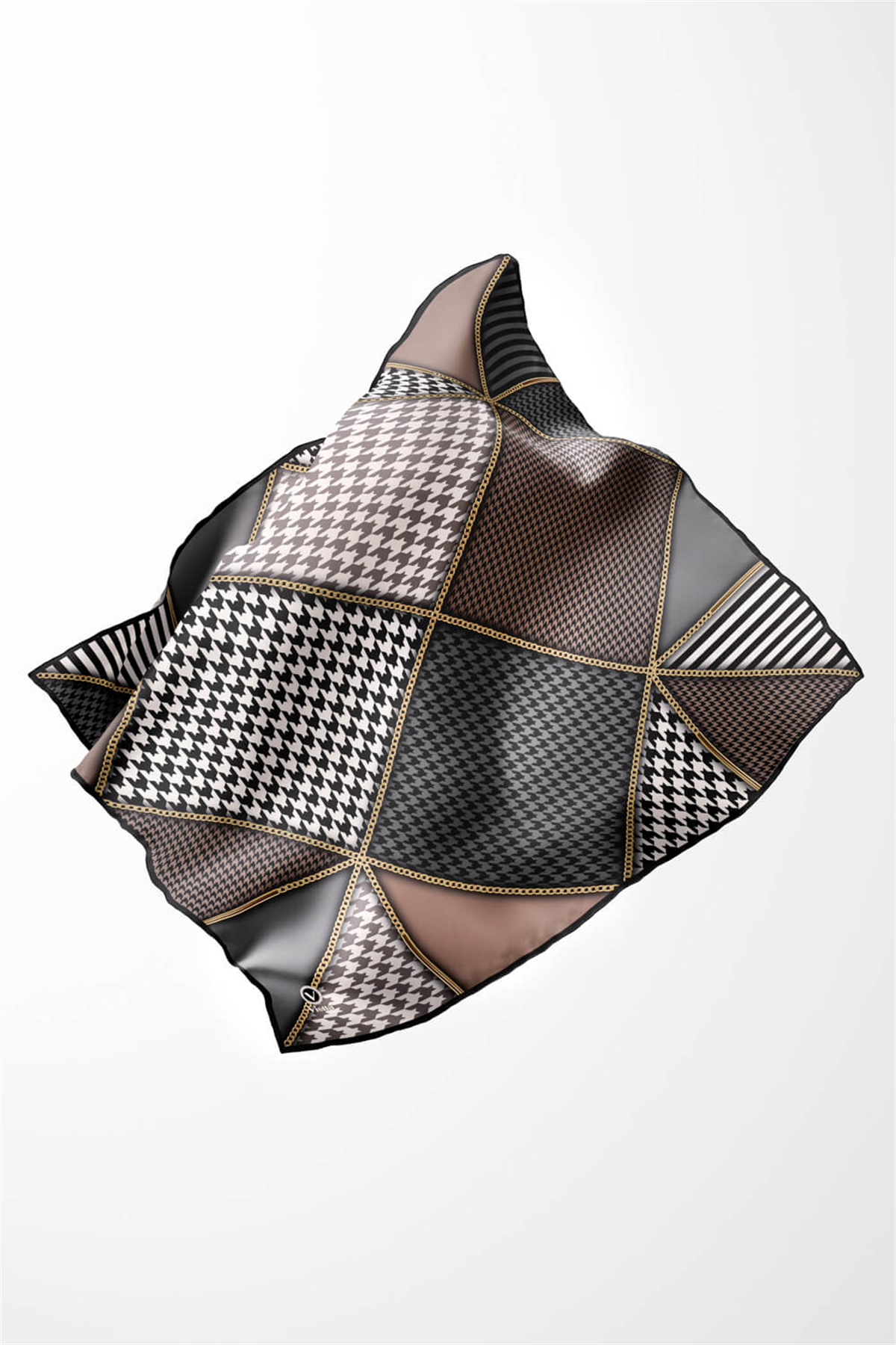 Twil Geometrik Ve Kazayak Desenli Bej - Gri Renkli 90x90 Eşarp (İpek İçermez) Dikim Şekli : El Dikişi