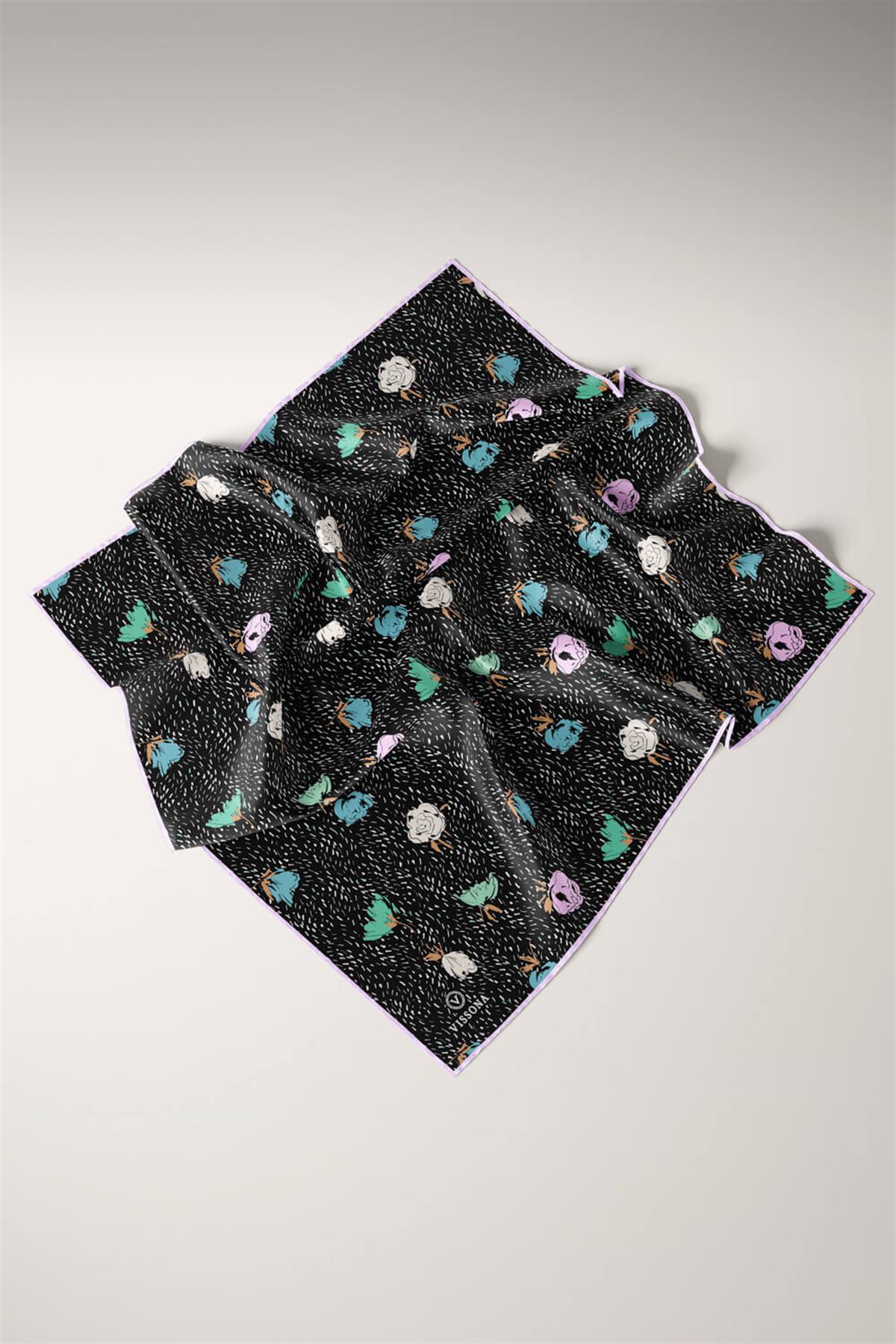 %100 Twill İpek Çıtır Çiçek Desenli Lila - Su Yeşili Renkli 90x90 Eşarp Dikim Şekli : El Dikişi