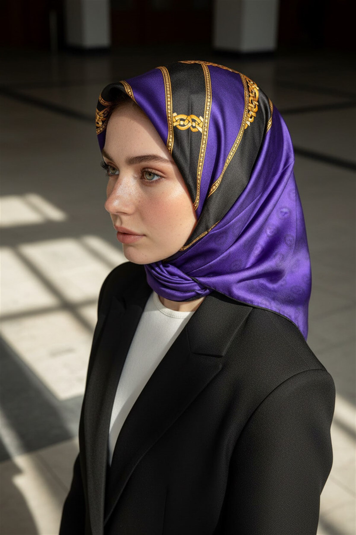 %100 Twill İpek Zincirli Ve Monogram Desenli Mor - Siyah Renkli 90x90 Eşarp Dikim Şekli : El Dikişi