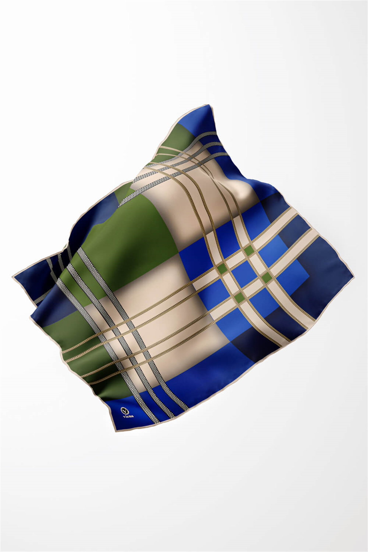 Twill Geometrik Desenli Zümrüt Yeşili - Saks Renkli 90x90 Eşarp (İpek İçermez) Kenar Dikiş Şekli El Dikişli