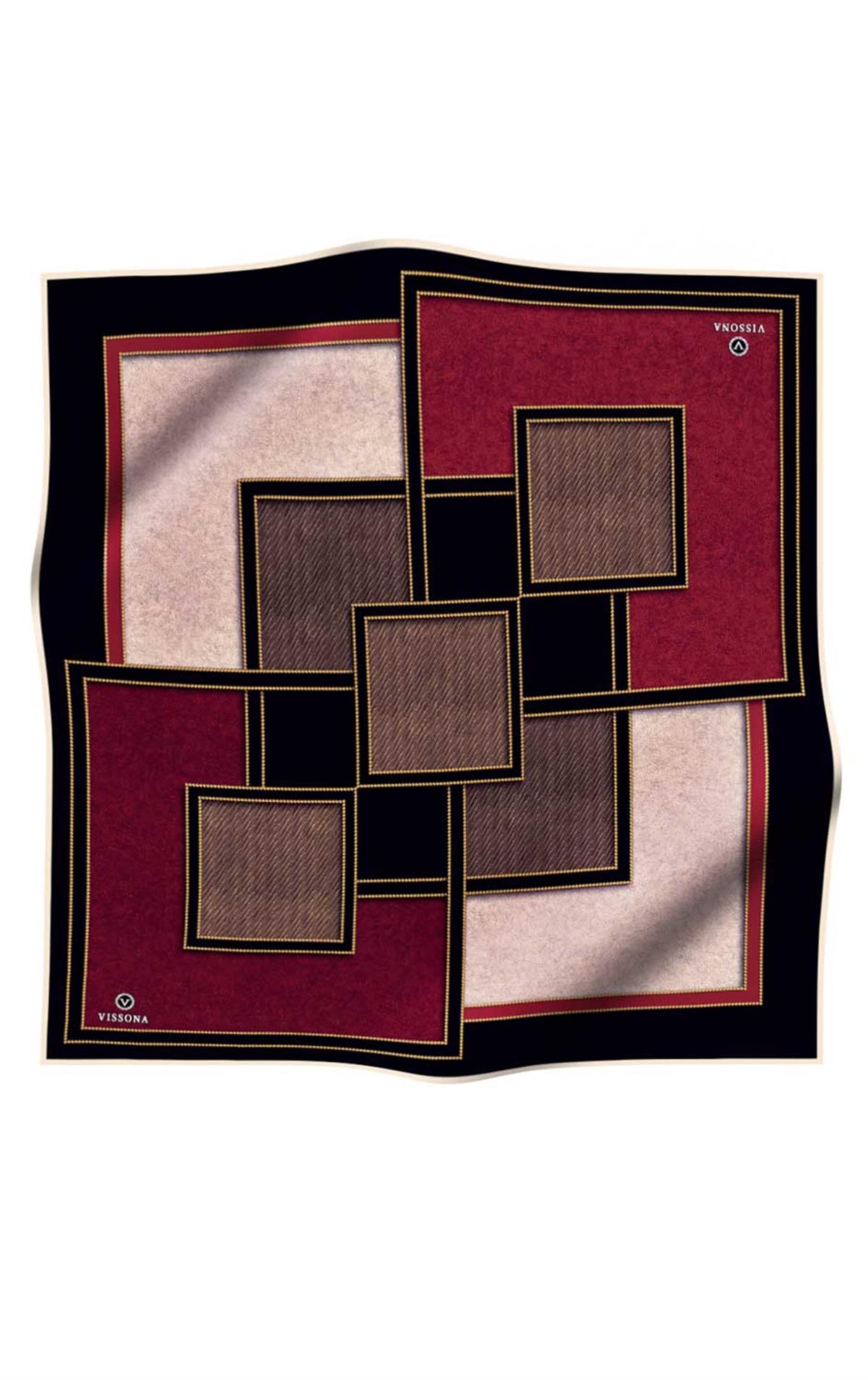 100% Twill İpek Gold Detaylı Kare Desenli Siyah - Bordo Renkli 90x90 Dikim Şekli : El Dikişi