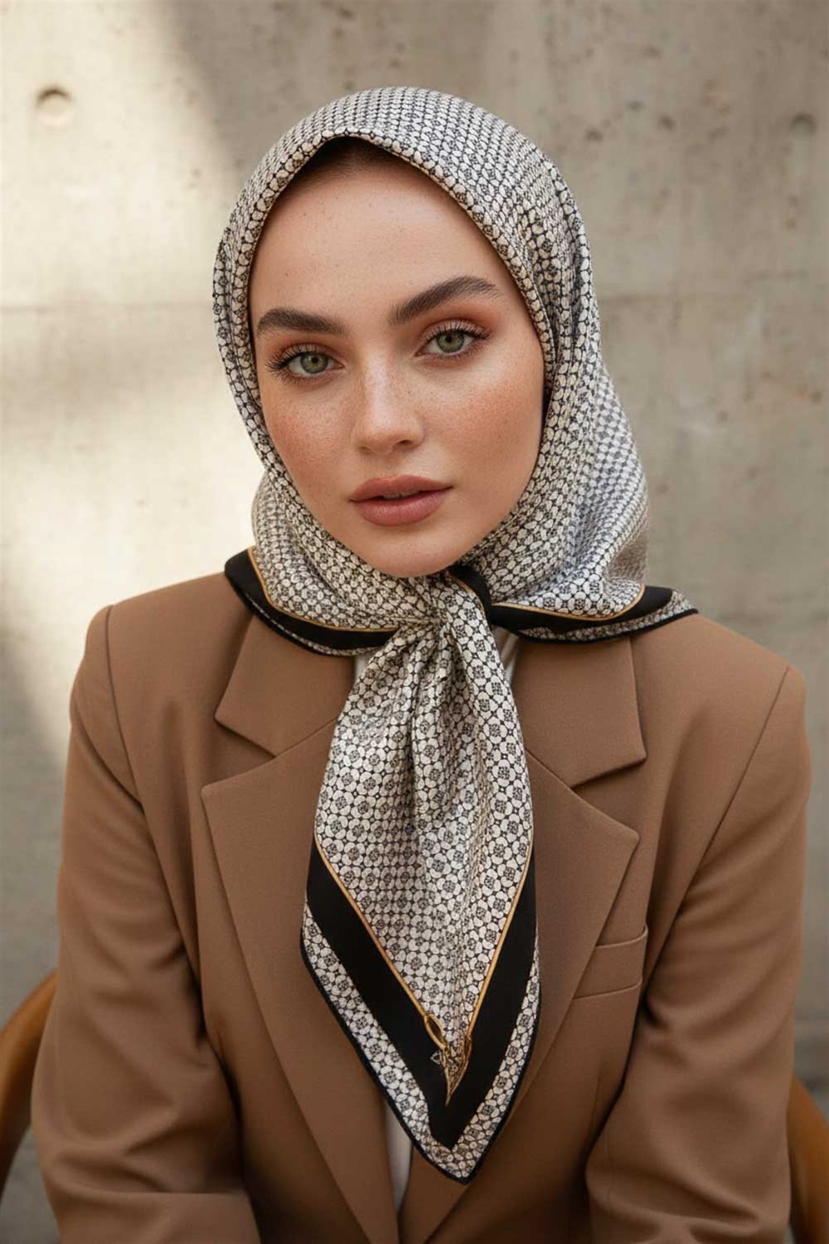 %100 Twill İpek Minik Motif Desenli Krem - Siyah Renkli 90x90 Eşarp Dikim Şekli : El Dikişi