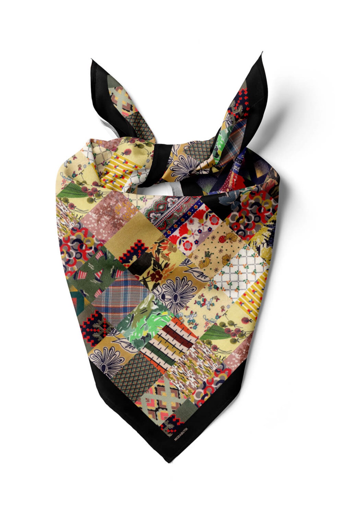 Violla D99 Kadın Patchwork Desenli Bandana 50x50 Yeşil Sarı DG0259-22