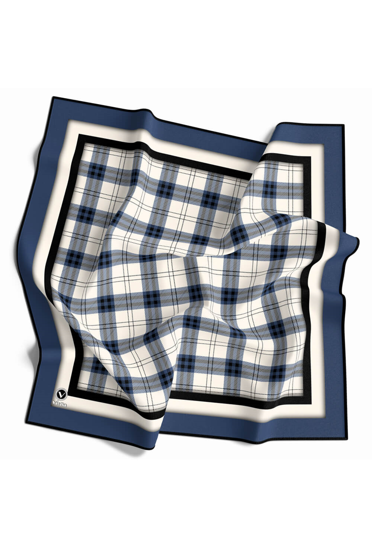 Twill Ekose Desenli İndigo Renkli 90x90 Eşarp (İpek İçermez) Kenar Dikiş Şekli El Dikişli