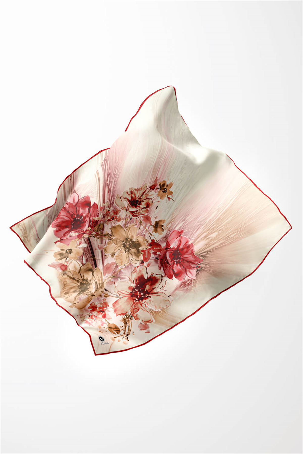 Twill Çiçek Desenli Bordo Renkli 90x90 Eşarp (İpek İçermez) Kenar Dikiş Şekli El Dikişli