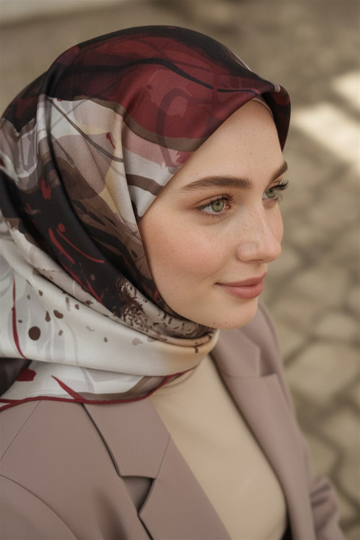 %100 Twill İpek Çiçekli Sulu Boya Dalga Desenli Bej - Bordo Renkli 90x90 Eşarp Dikim Şekli : El Dikişi