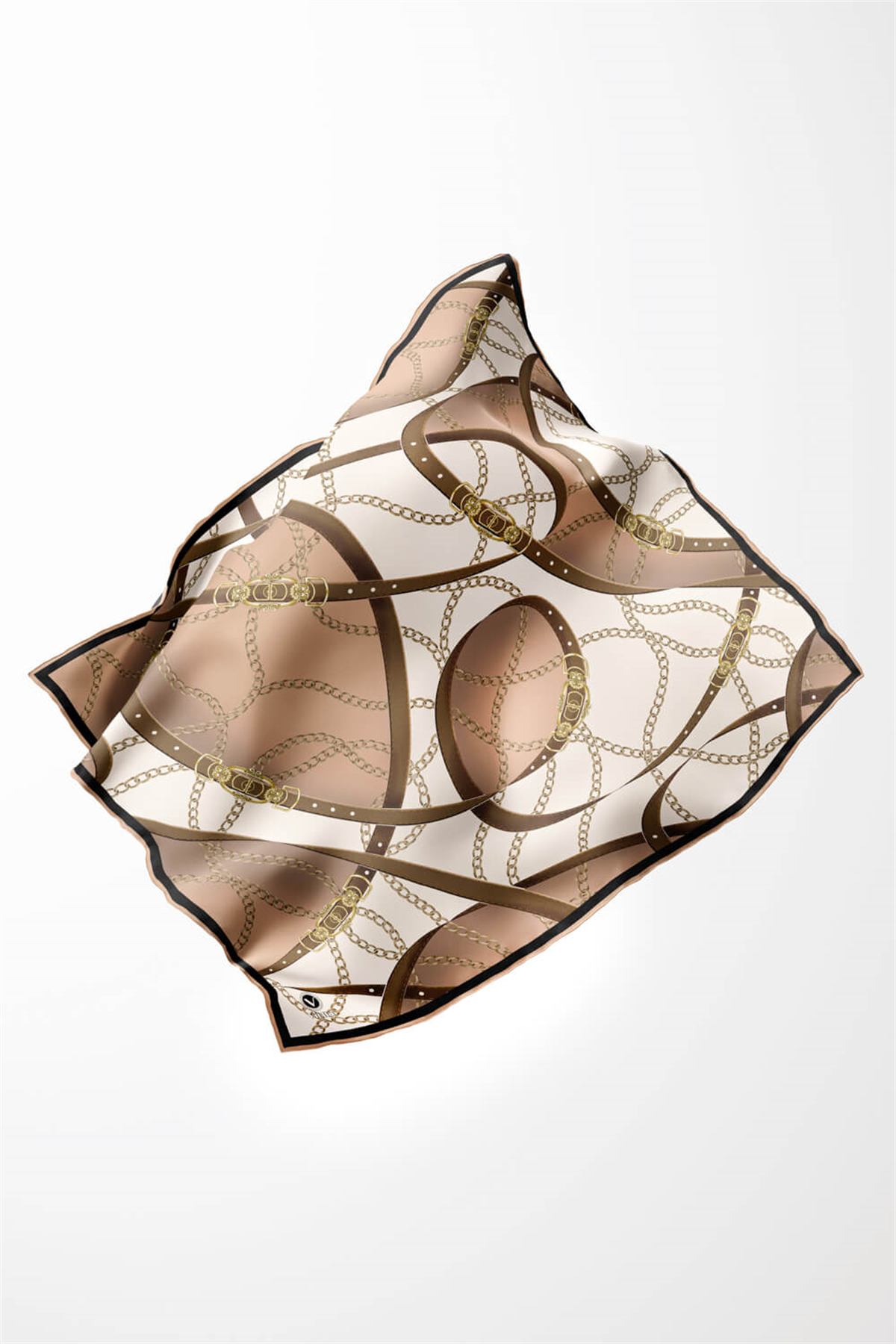 Twill Kemer ve Zincir Desenli Somon Renkli 90x90 Eşarp (İpek İçermez) Kenar Dikiş Şekli El Dikişli