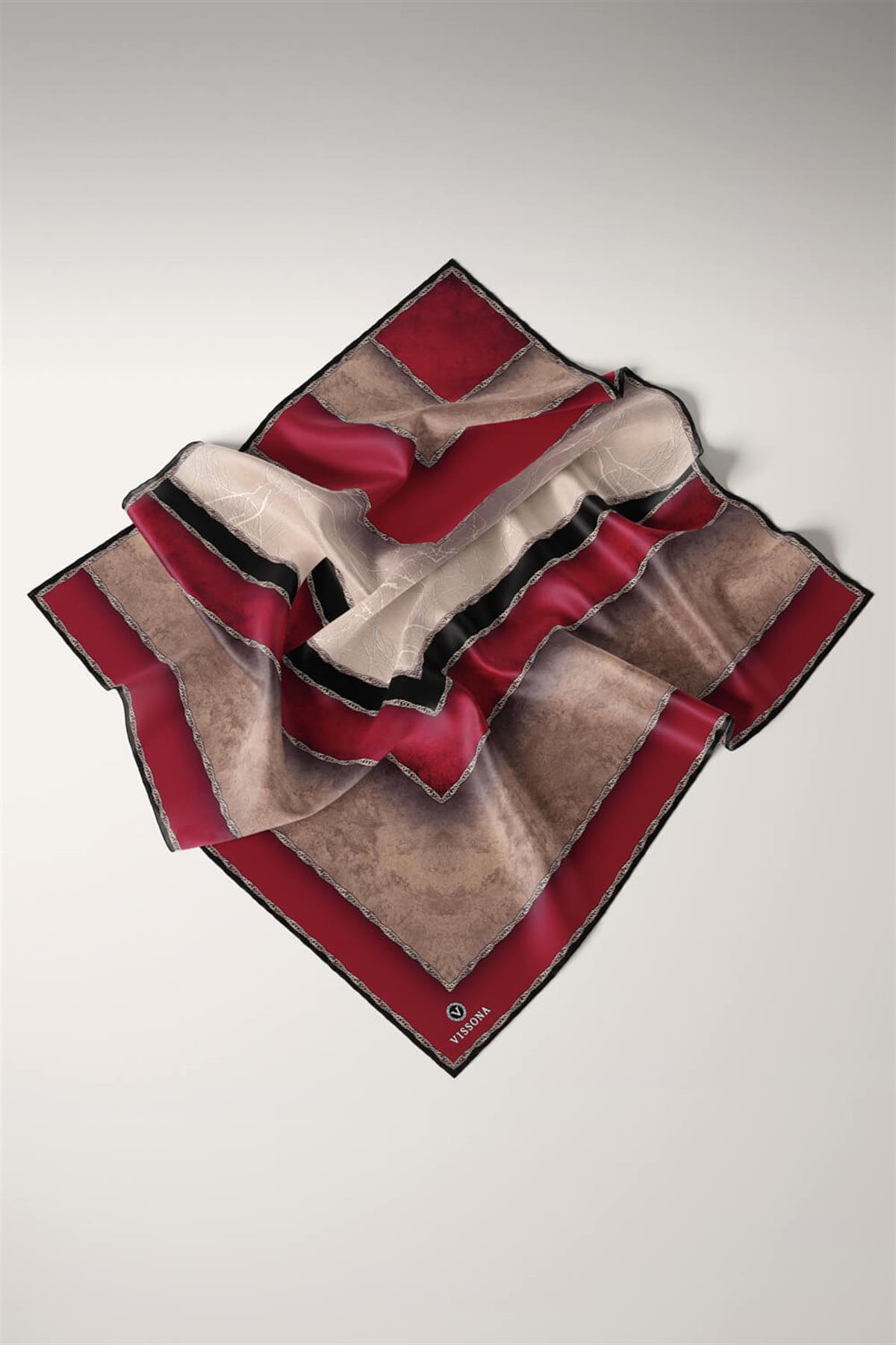 %100 Twill İpek Dokulu Geometrik Desenli Bordo - Siyah Renkli 90x90 Eşarp Dikim Şekli : El Dikişi