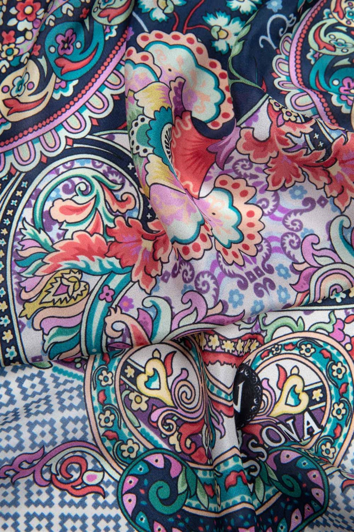 %100 İPEK ETRO DESENLİ LACİVERT - TURUNCU RENKLİ ŞAL