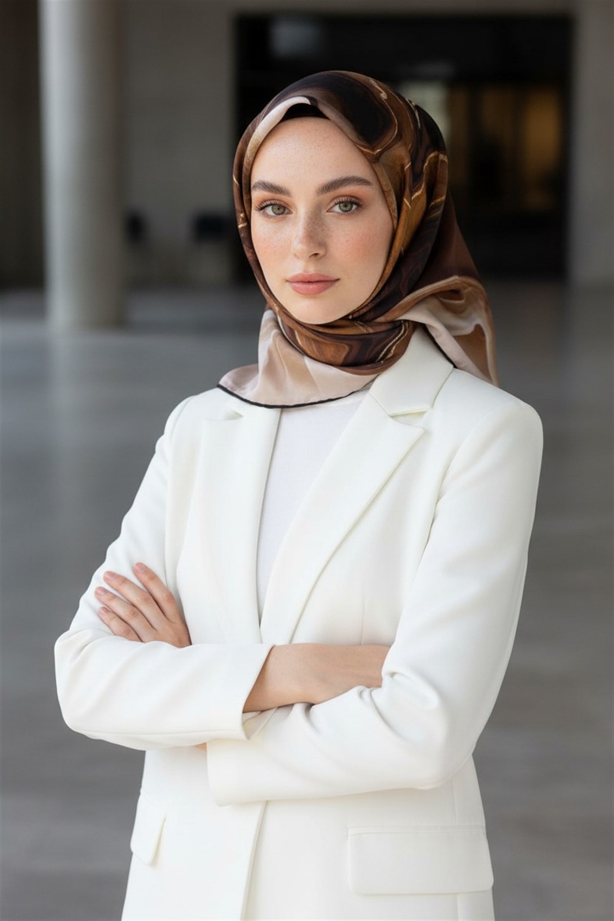 %100 Twill İpek Batik Desenli Kahverengi - Bej Renkli 90x90 Eşarp Dikim Şekli : El Dikişi