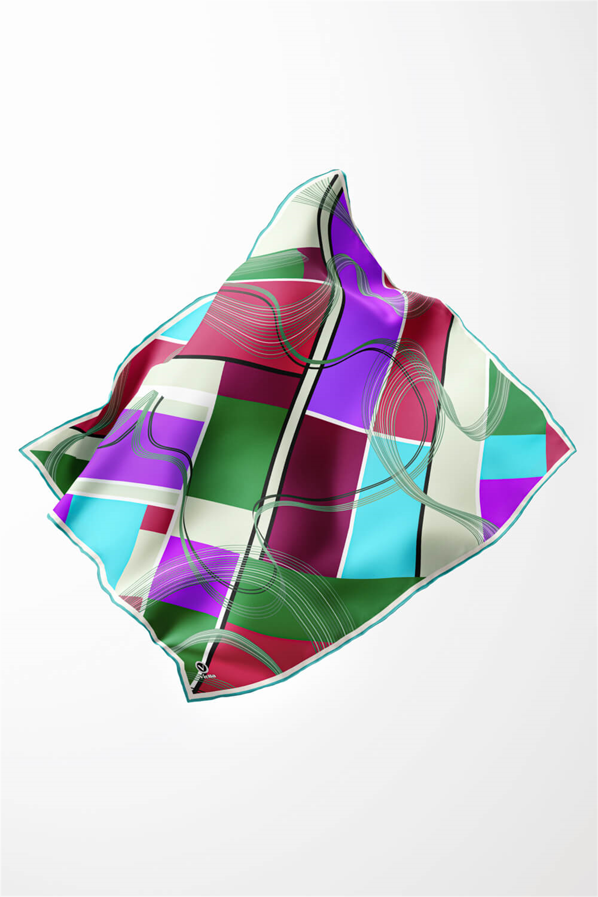 Twill Geometrik Desenli Mürdüm - Zümrüt Yeşili Renkli 90x90 Eşarp (İpek İçermez) Dikim Şekli : El Dikişi