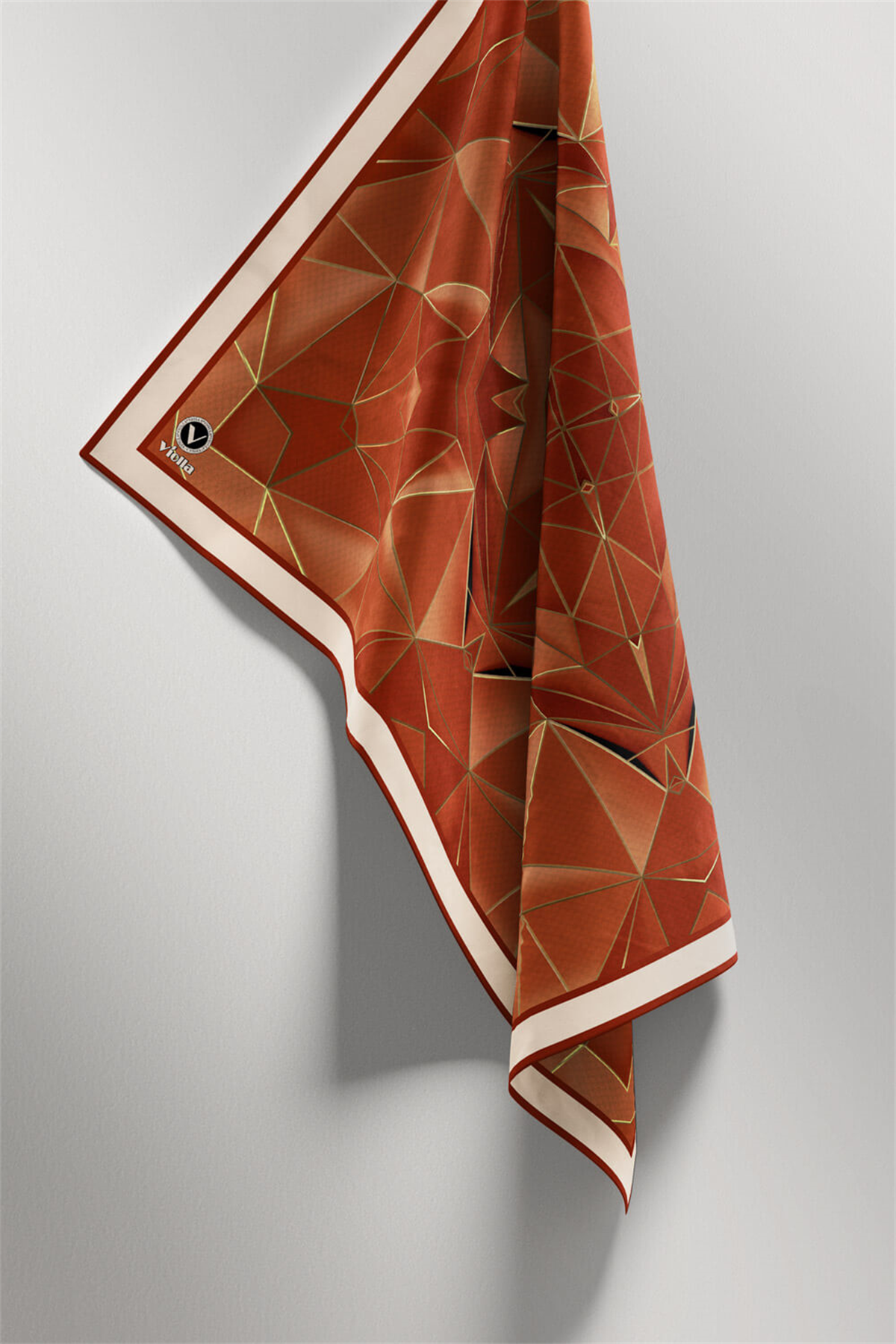 Twill Geometrik Desenli Taba Renkli 90x90 Eşarp (İpek İçermez) Kenar Dikiş Şekli El Dikişli