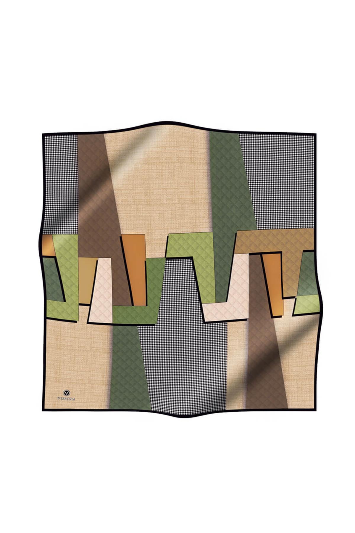 %100 Twill İpek Kazayaklı Ve Geometrik Desenli Bej - Zümrüt Yeşili Renkli 90x90 Eşarp Dikim Şekli : El Dikişi