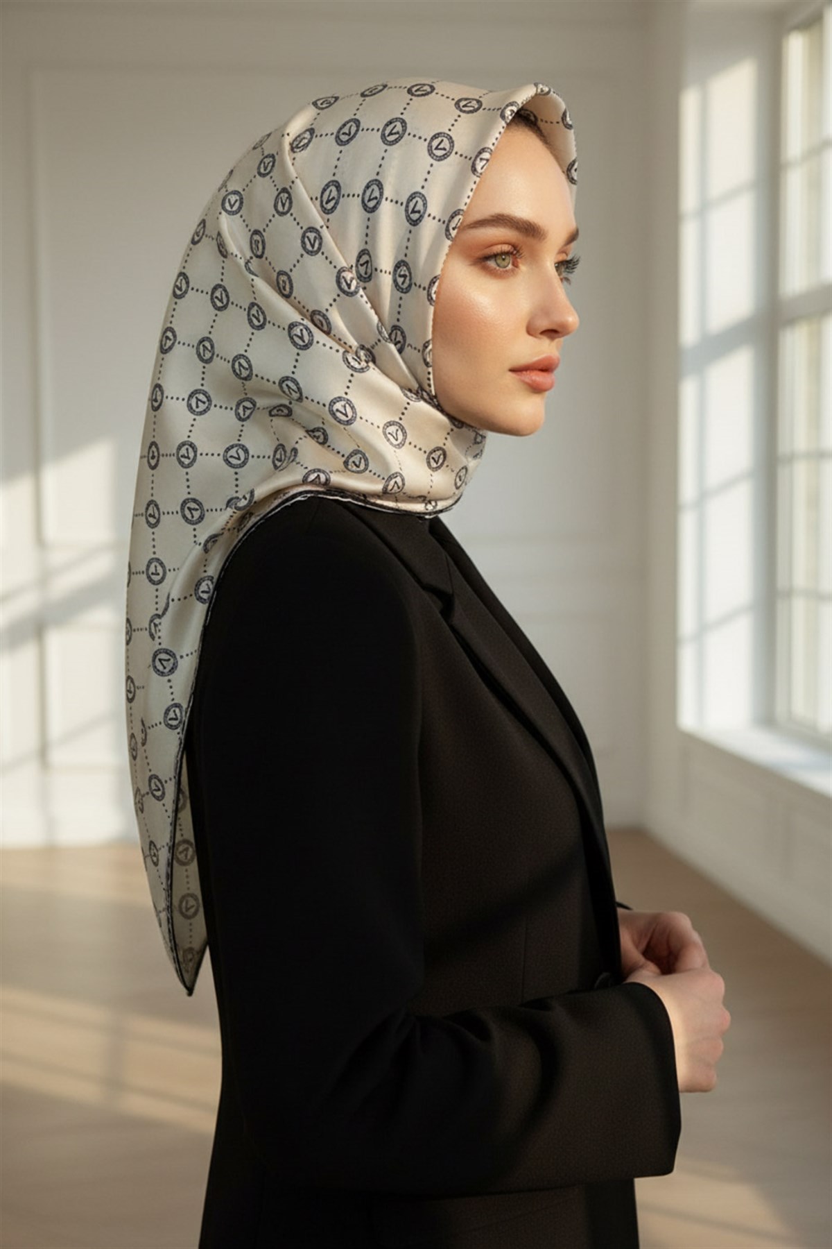 %100 Twill İpek Monogram Desenli Krem - Siyah Renkli 90x90 Eşarp Dikim Şekli : El Dikişi