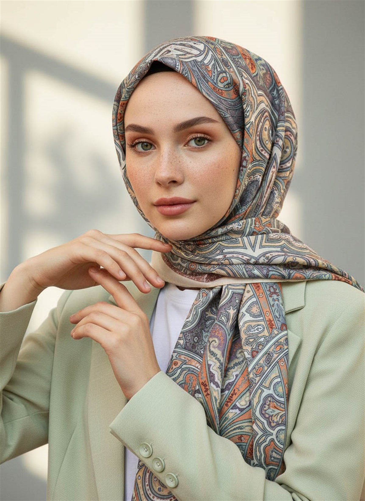 %100 Saf İpek Şal İnce Saten Vual Dokuma Etnik Desenli Sütlükahve Renkli 90x210 Şal