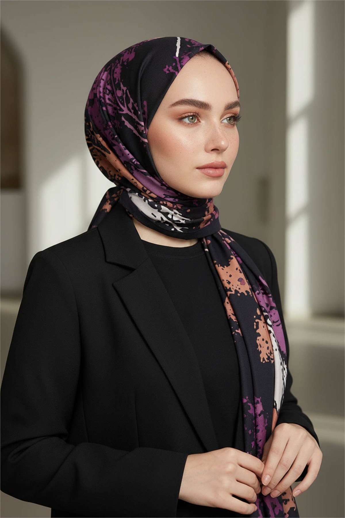 KREP SONBAHAR YAPRAKLARI DESENLİ MÜRDÜM RENKLİ 75X195 KIRIŞMAZ ŞAL