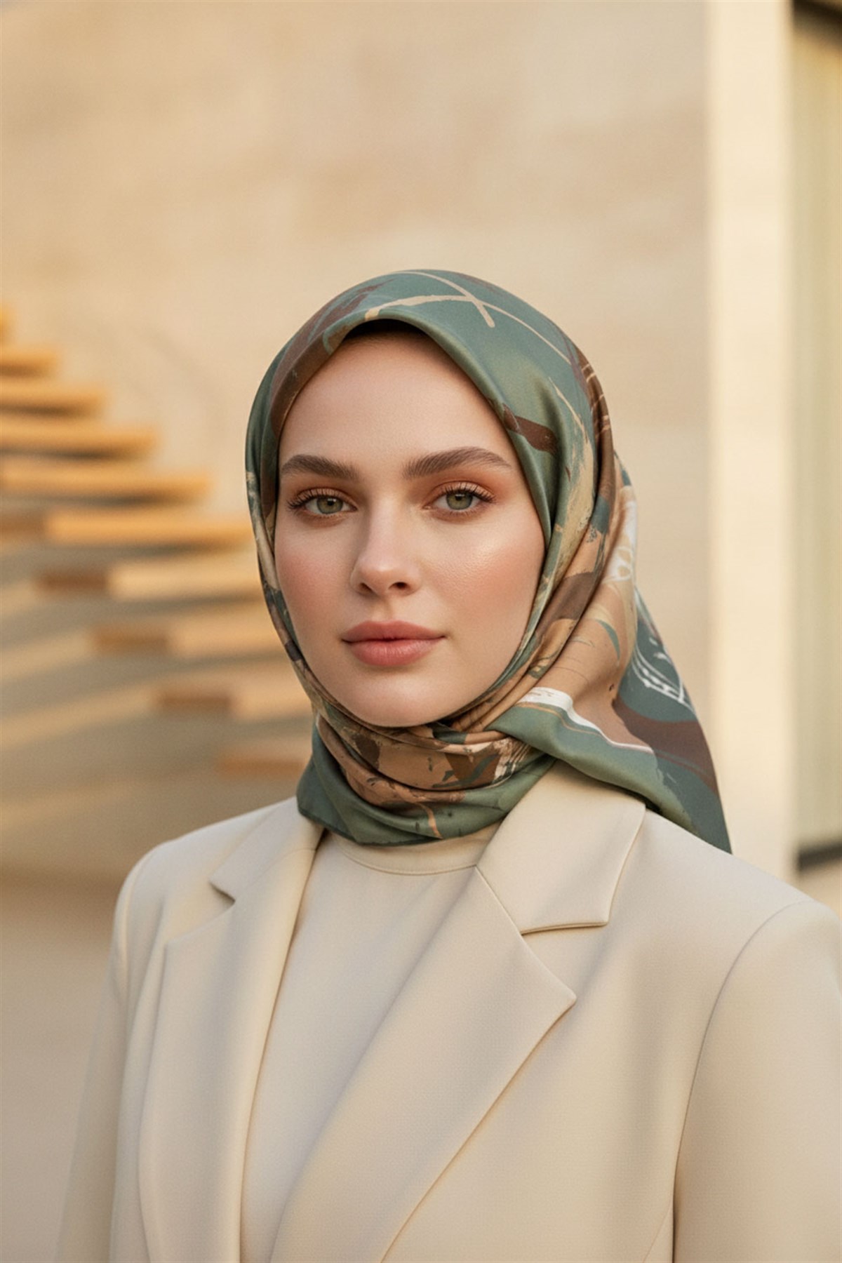 %57 İPEK %43 VİSKON Twill İpek Geometrik Desenli Çağla Yeşili - Bakır Renkli 90x90 Eşarp Dikim Şekli : El Dikişi