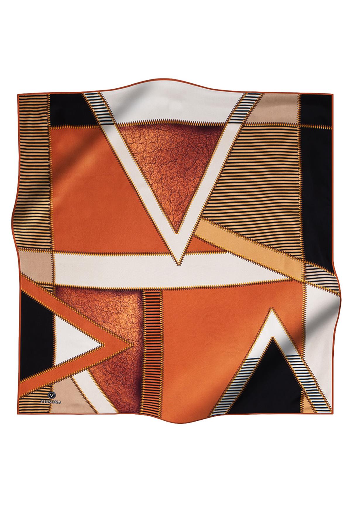 %100 Twill İpek Geometrik Desenli Taba - Siyah Renkli 90x90 Eşarp Dikim Şekli : El Dikişi