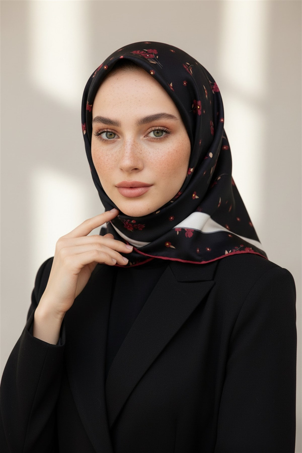 100% Twill İpek Bordürlü Çıtır Çiçek Desenli Siyah - Bordo Renkli 90x90 Dikim Şekli : El Dikişi Eşarp
