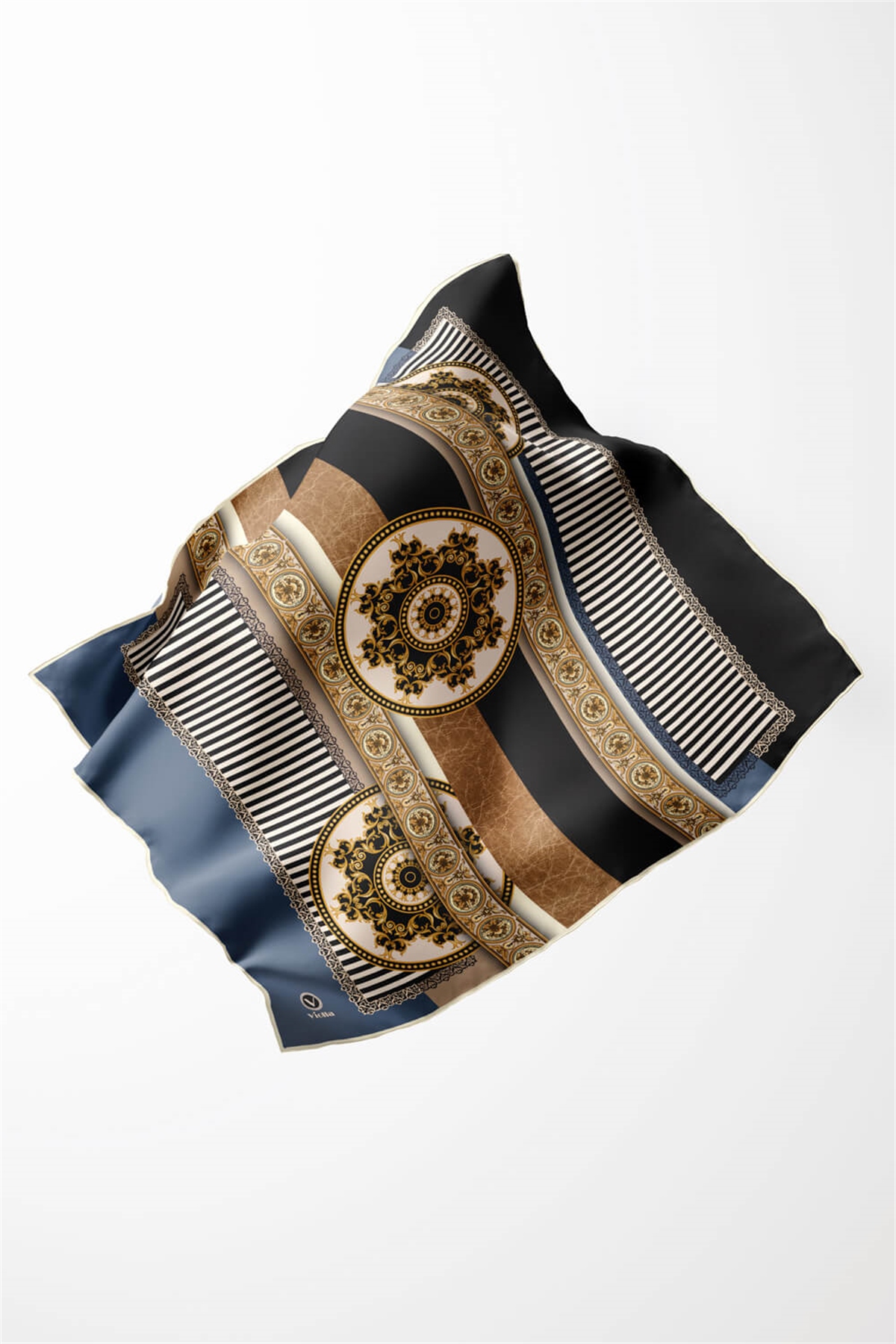 Twill Çizgili ve Barok Desenli İndigo Renkli 90x90 Eşarp (İpek İçermez) Kenar Dikiş Şekli El Dikişli