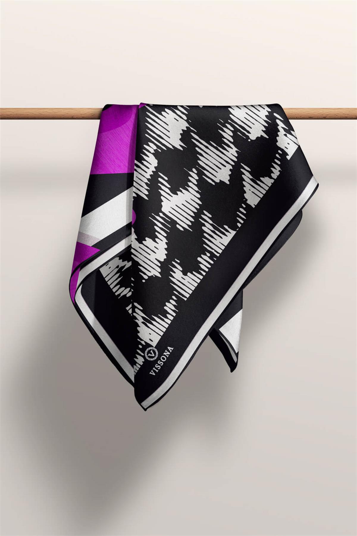 %100 Twill İpek Kazayağı Desenli Fuşya - Siyah Renkli 90x90 Eşarp Kenar Dikiş Şekli El Dikişli