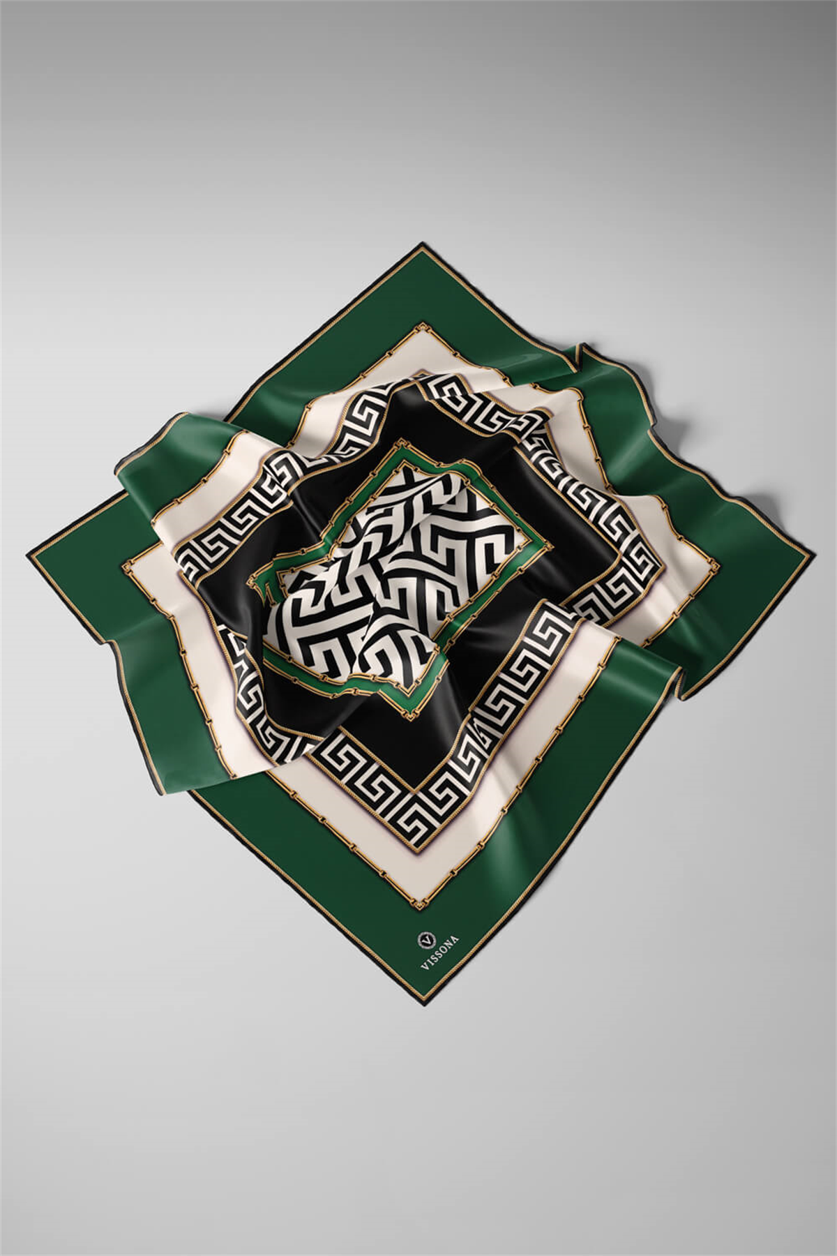 %100 Twill İpek Labirent Ve Geometrik Desenli Zümrüt Yeşili - Siyah Renkli 90x90 Eşarp Dikim Şekli : El Dikişi