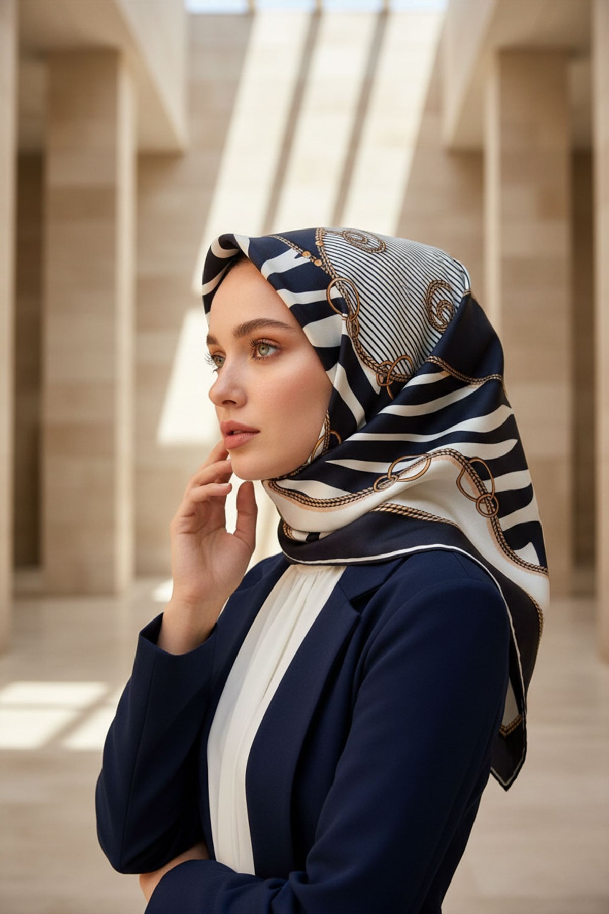 %100 Twill İpek Zincirli Ve Zebra Desenli Lacivert - Krem Renkli 90x90 Eşarp Dikim Şekli : El Dikişi