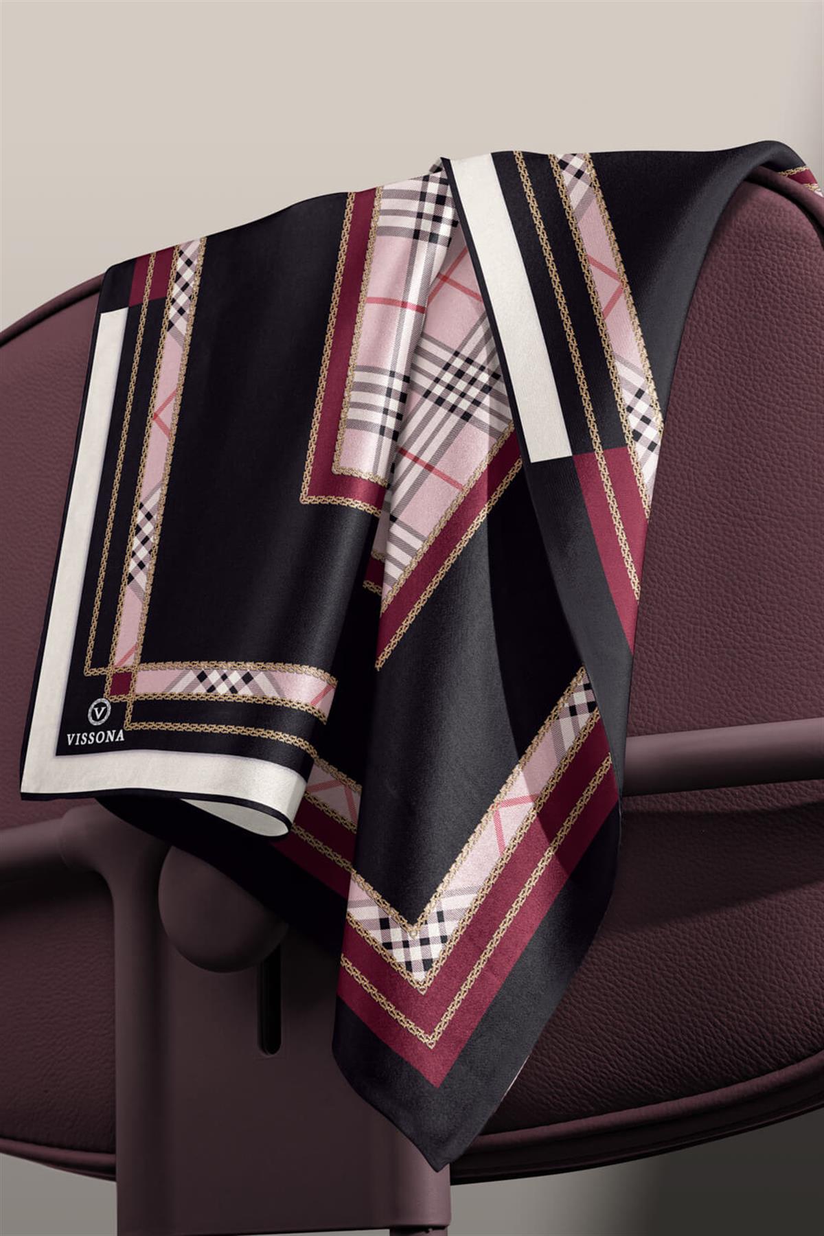 %100 Twill İpek Ekose Desenli Pudra - Şarabi Renkli 90x90 Eşarp Dikim Şekli : El Dikişi