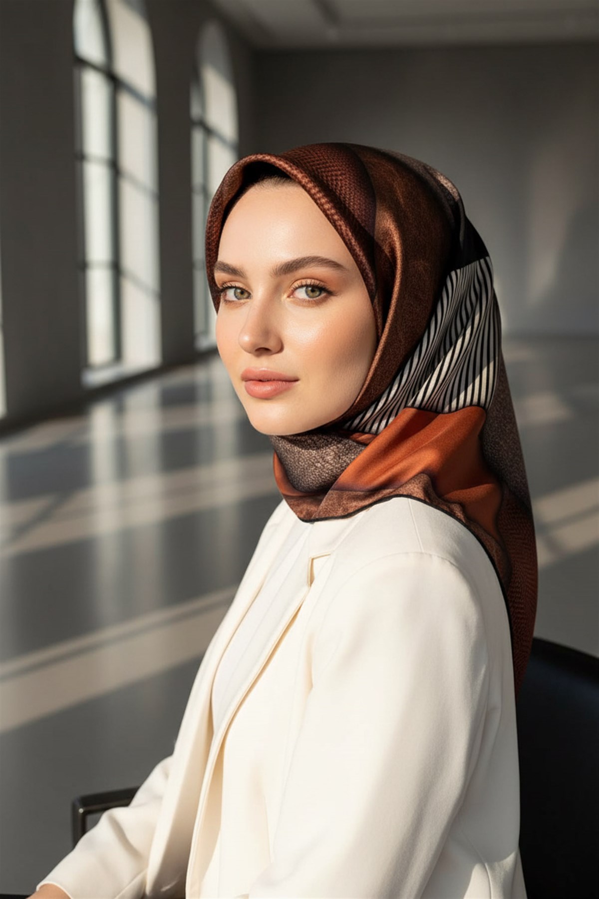 %100 Twill İpek Dokulu ve Geometrik Desenli Taba - Siyah Renkli 90x90 Eşarp Dikim Şekli : El Dikişi