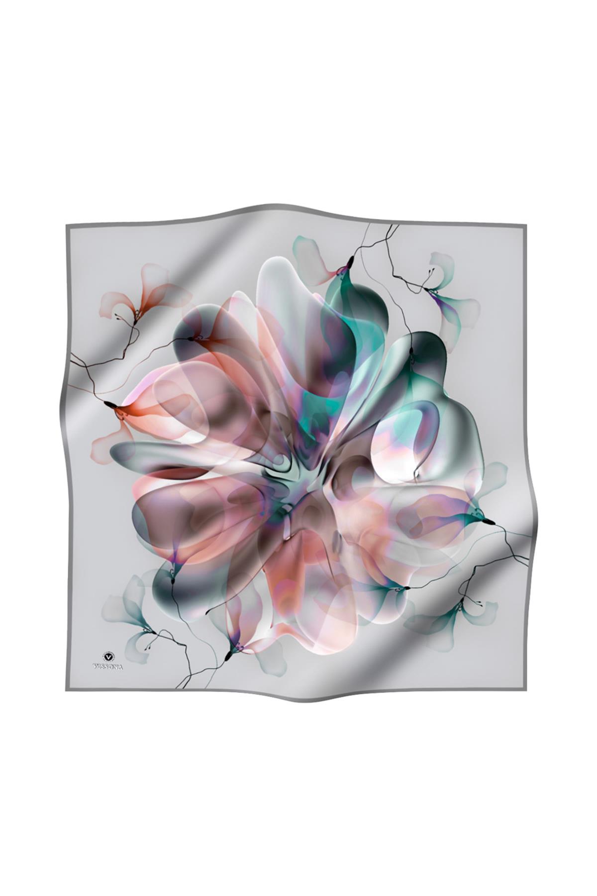 %100 Twill İpek Büyük Çiçek Desenli Gri - Somon Renkli 90x90 Eşarp Dikim Şekli : El Dikişi