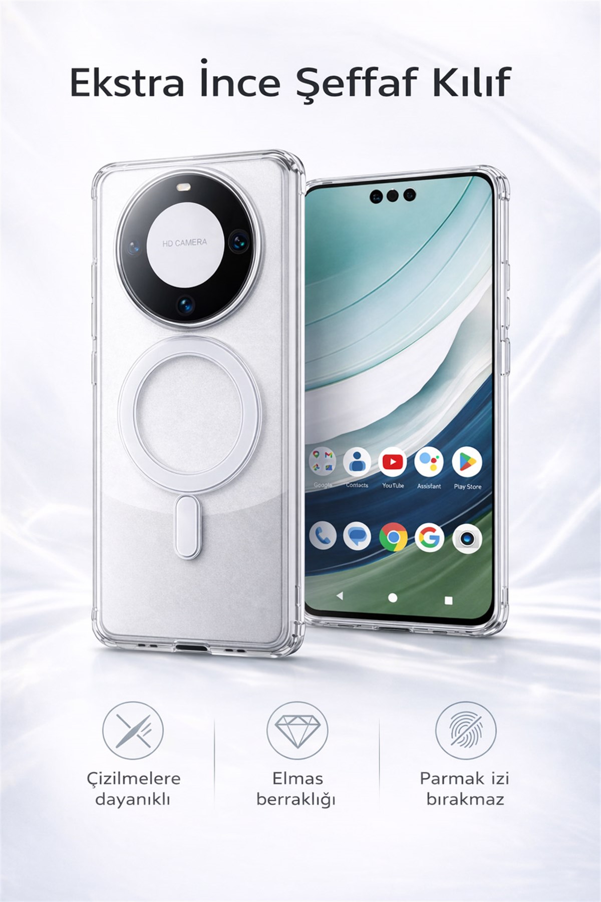 Huawei Mate 60 Uyumlu Kamera Korumalı Magsafe Wireless Şarj Özellikli Lüks Şeffaf Silikon Telefon Kılıfı